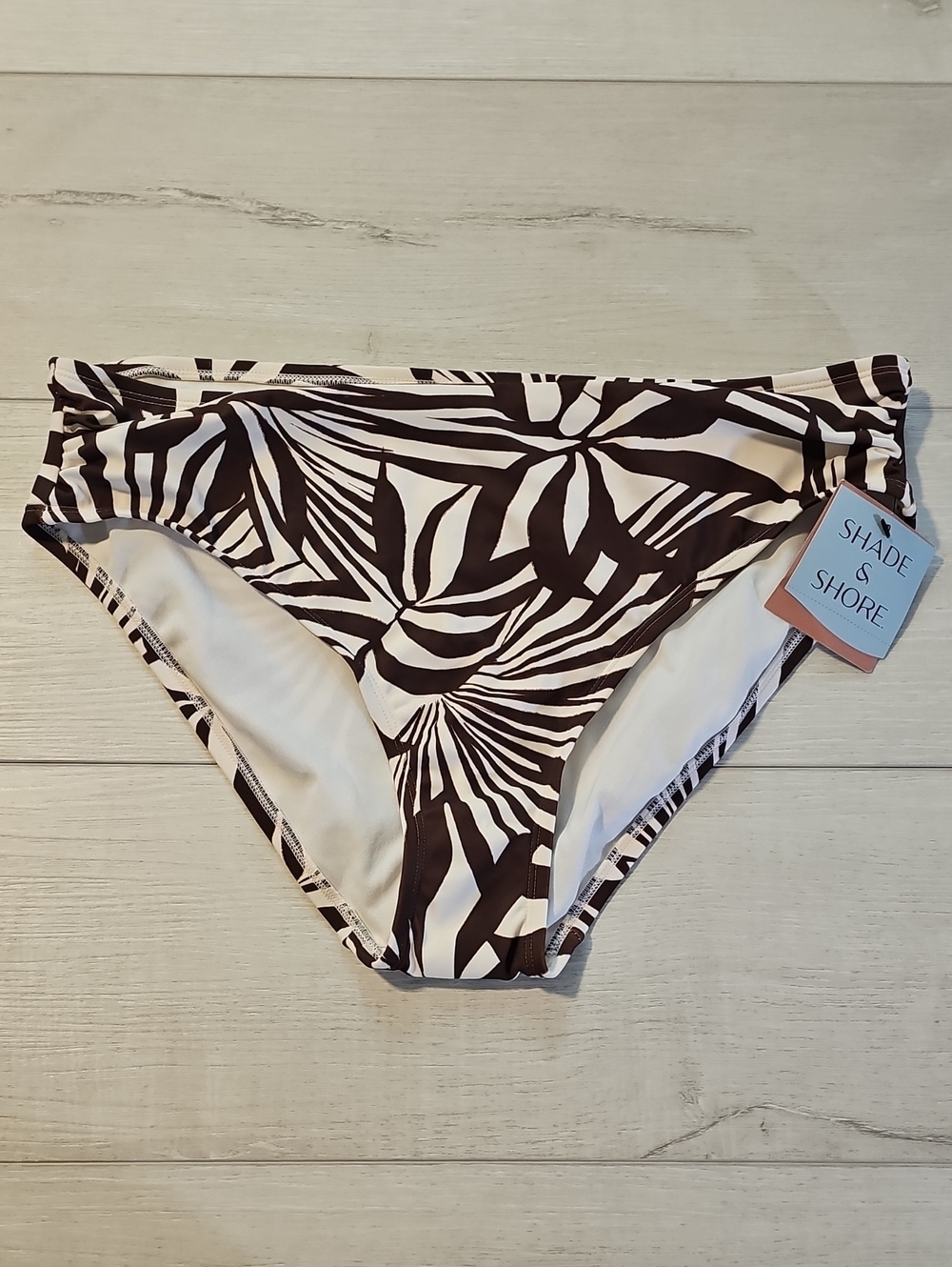 Shade & Shore Women's L Palm Print Medium Coverage Bikini Bottom in Cream/Brown